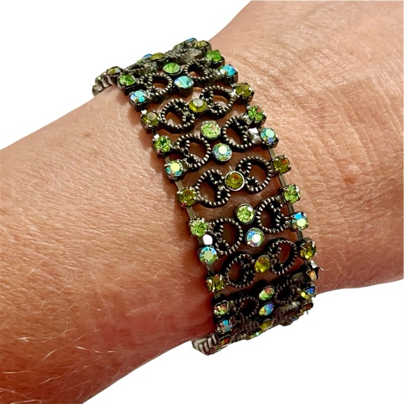 Vintage Green Blue AB Multi Row Bracelet Stunning Crystal Shimmer EUC - Picture 1 of 6